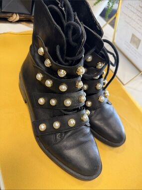 Zara Black Lace-Up Combat Boots with Pearl & Gold Studs